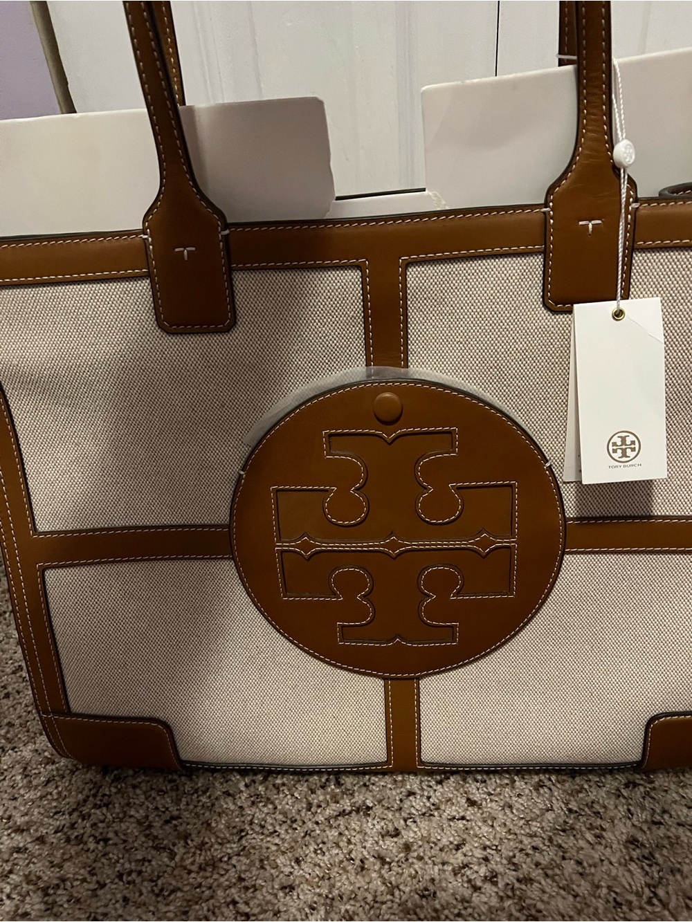Tory Burch Cream Canvas Tote with Brown Leather Trim and Logo Pouch